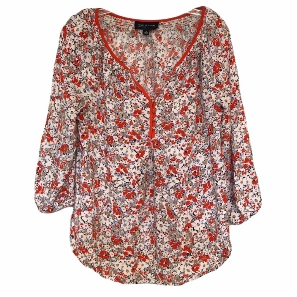 Jones New York Floral Boho Peasant Blouse Sz Med